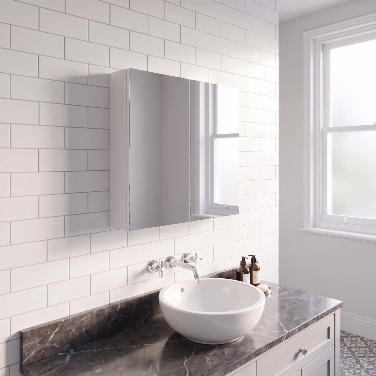 Mueble de pared de baño con espejo armario de almacenamiento montado en la pared y estante blanco