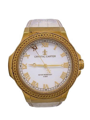 CRYSTAL CARTER Quartz White Leather Analog Watch Excellent JAPAN