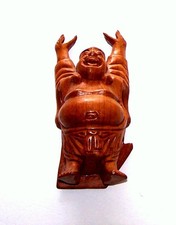 1977 - Hand Carved Solid Wood Statue - Smiling Happy Hands Up Laughing Buddha 7"