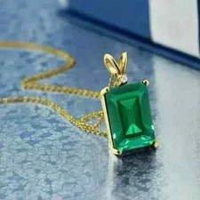 14K Yellow Gold Plated Natural Green Emerald 5Ct Emerald Cut Solitaire Pendant