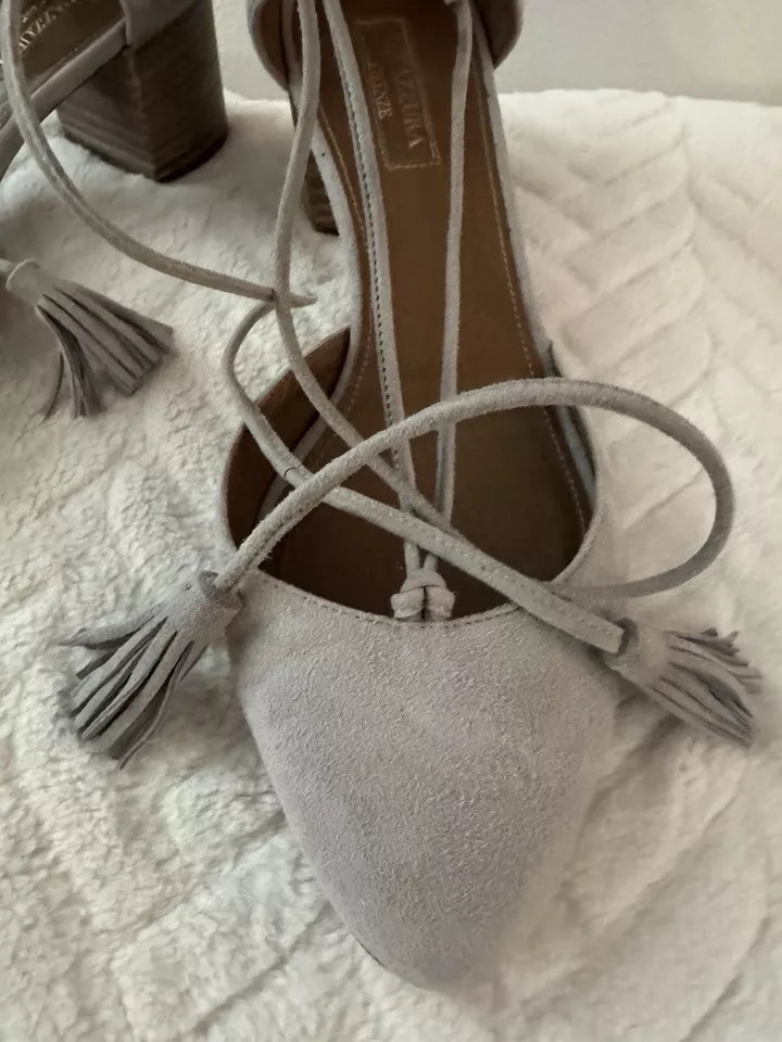 Aquazzura Suede Pumps Size 37 Grey Boheme Tassel 50 Lace Up Ankle Tie - Image 4 of 4