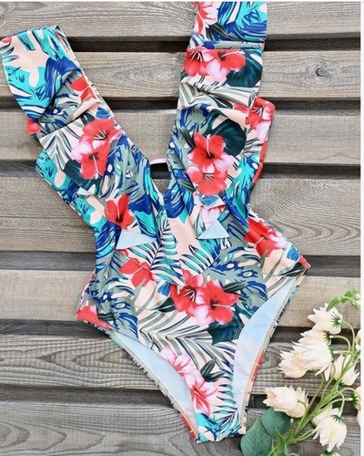 SPORLIKE Women One Piece Swimsuit V-Neck Ruffle Bathing Suit Padded Monokini,S - Picture 5 of 7