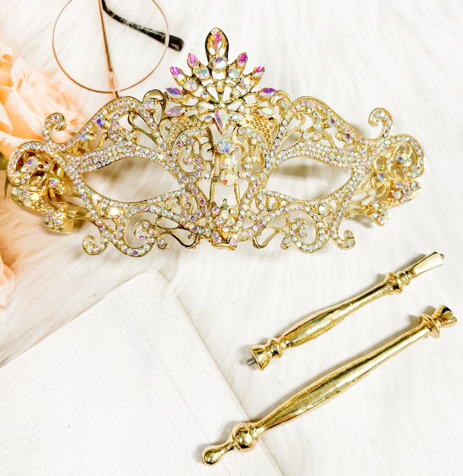 Masquerade Mask with Stick, Luxury Crystal Mask, Rhinestone Yellow Gold Mask - Image 3 of 4