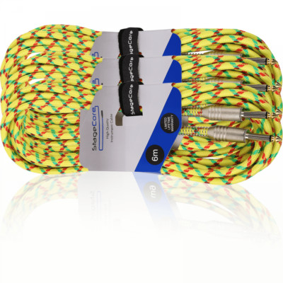 3x E-Gitarrenkabel 6m geflochtenes Sheild Tweed Style Kabel Goldspitze Klinke GELB