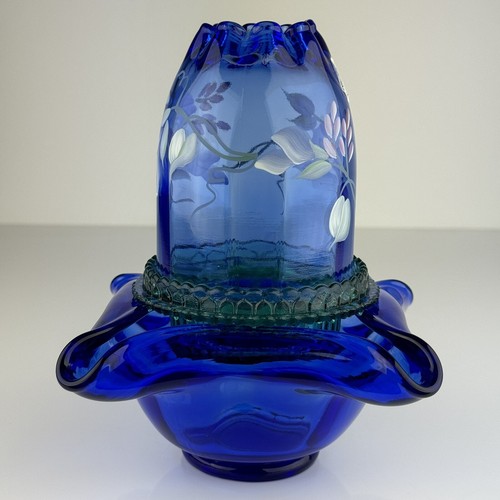 Fenton cobalt blue and green 3 Piece fairy lamp hand painted George W Fenton - Picture 11 of 19