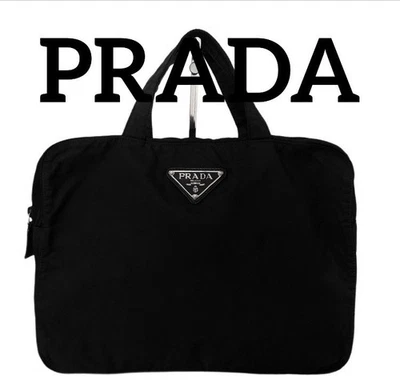 Sac fourre-tout en nylon noir PRADA logo triangle A4 poche arrière zippée... - Photo 1/4