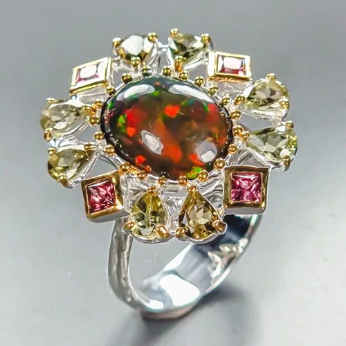 14x10 mm. fire gem Natural Black Opal Ring 925 Sterling Silver Size 8 /R460994