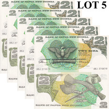 Papua New Guinea 2 Kina ND 1975 P 1 Signature 1 UNC 1/20 Bundle Lot 5 pcs