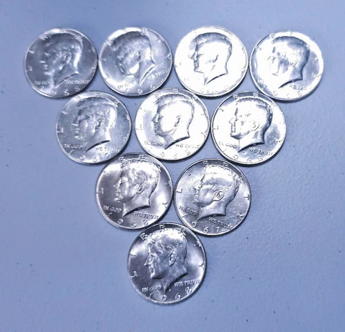 1965-1970 Kennedy Half Dollars Lot of 10 (40% Silver) Mostly AU/BU