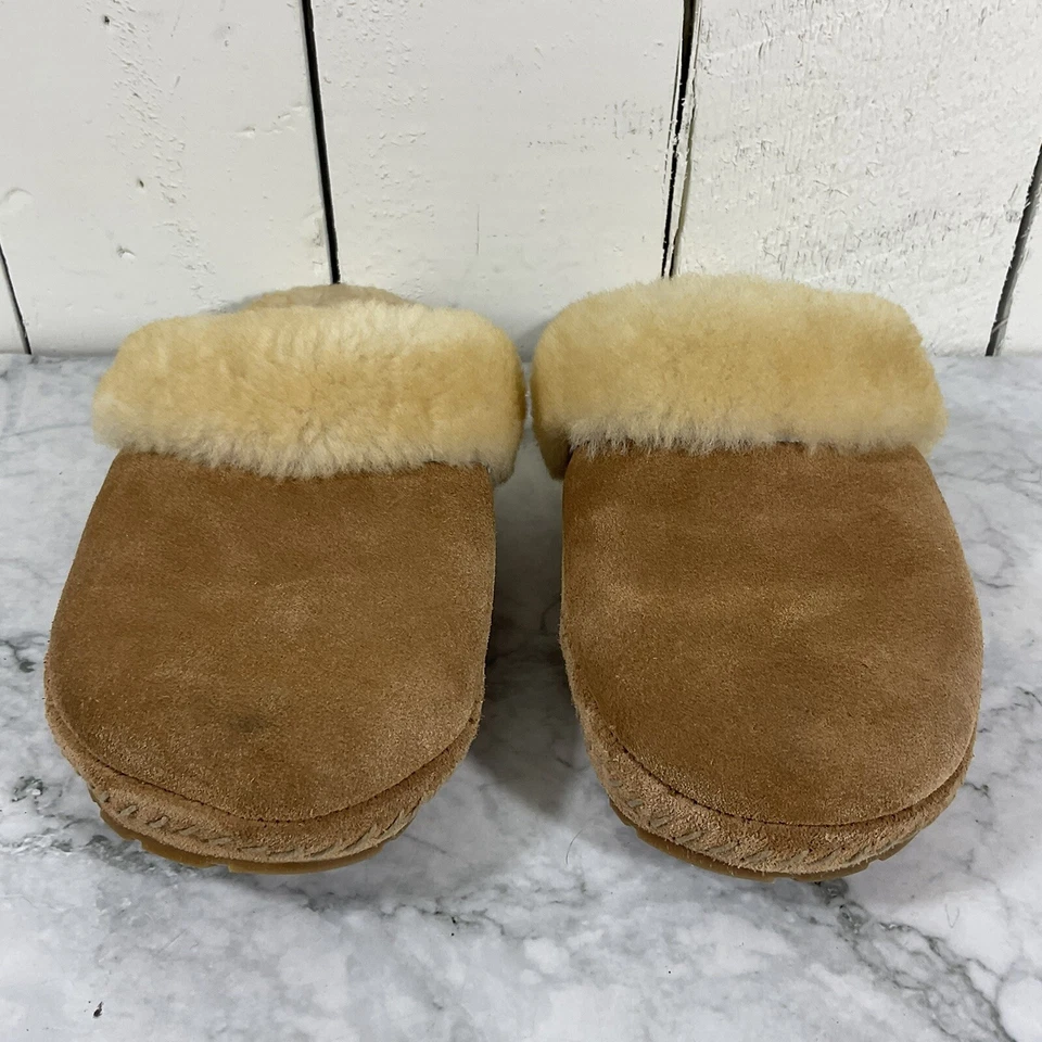 "Zapatos de casa de felpa LL Bean de colección zapatillas de cuero tostado suelas de goma 10,5""" Foto 3 de 4