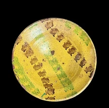Antique Hand-Painted Yellow Green Rustic Earthenware Clay Bowl Slipware Abstract