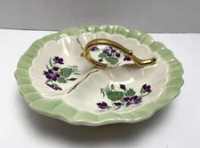VTG 50's CG 22K Gold Warranted Green Purple Cottage Violets Tidbit Trinket Dish
