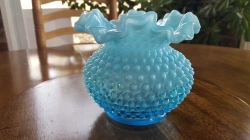 Fenton Turquoise Opalescent Hobnail Vase Ruffle Edge 4.75" high