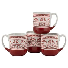 Embossed Reindeer Ceramic Mug Set Of 4 red S4mugxmas