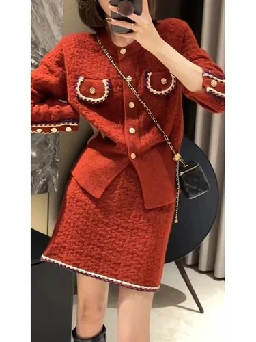 Conjuntos de dos piezas para mujer oficina dama cárdigan suéter falda traje para mujer - Imagen 7 de 25
