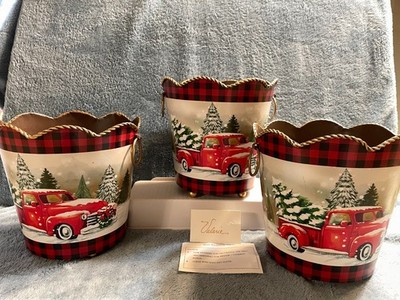 S/3 Round Metal Red Truck Buckets by Valerie Parr Hill NEW!  **READ**