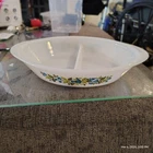 Vintage Glasbake Divided Milk Glass Serving Bowl Blue Berry Floral Oval Dish 12"