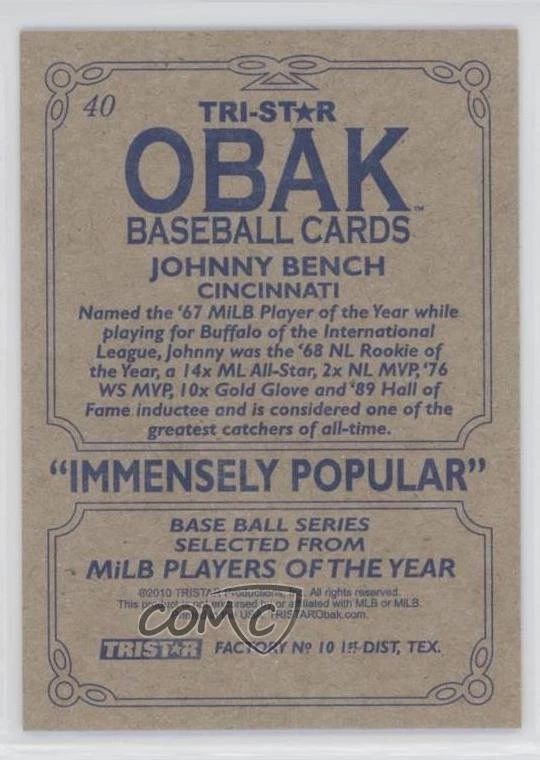 2010 TRISTAR Obak Johnny Bench #40 HOF - Image 2 of 2