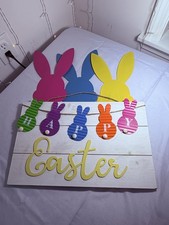Happy Easter Wooden Sign Bunny Decor Yard Stakes Pastel Spring Set NEW