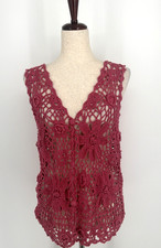 Vintage Crochet Open Knit Button Up Floral Vest Womens Boho Fairy Cottagecore