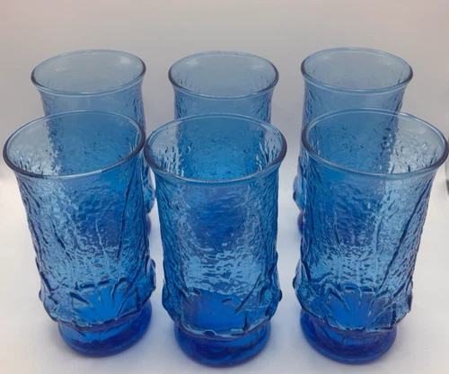 Vintage Anchor Hocking Rainflower Laser Blue Tumbler Glasses MCM, Set of 6