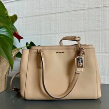 Coach Beige Satchel Top Handle Bag Adjustable Strap Gold Hardware Dust Bag