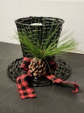 Vintage Christmas Black Winter Top Hat Plaid Ribbon, Holly Excellent Condition