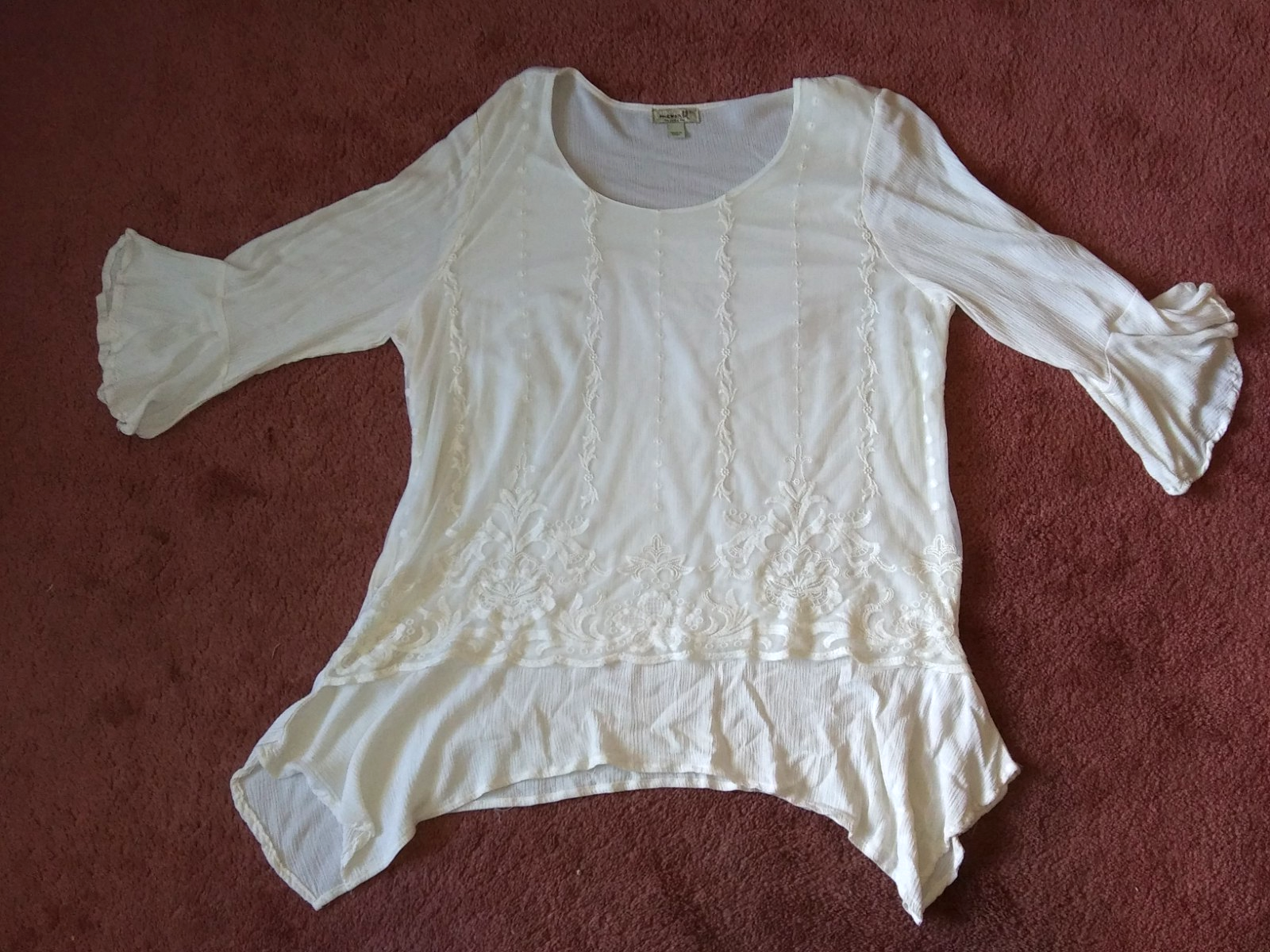 Blouse Embroidered XL Lace Overlay White 3/4 Bell Sleeve Tunic Women's Top