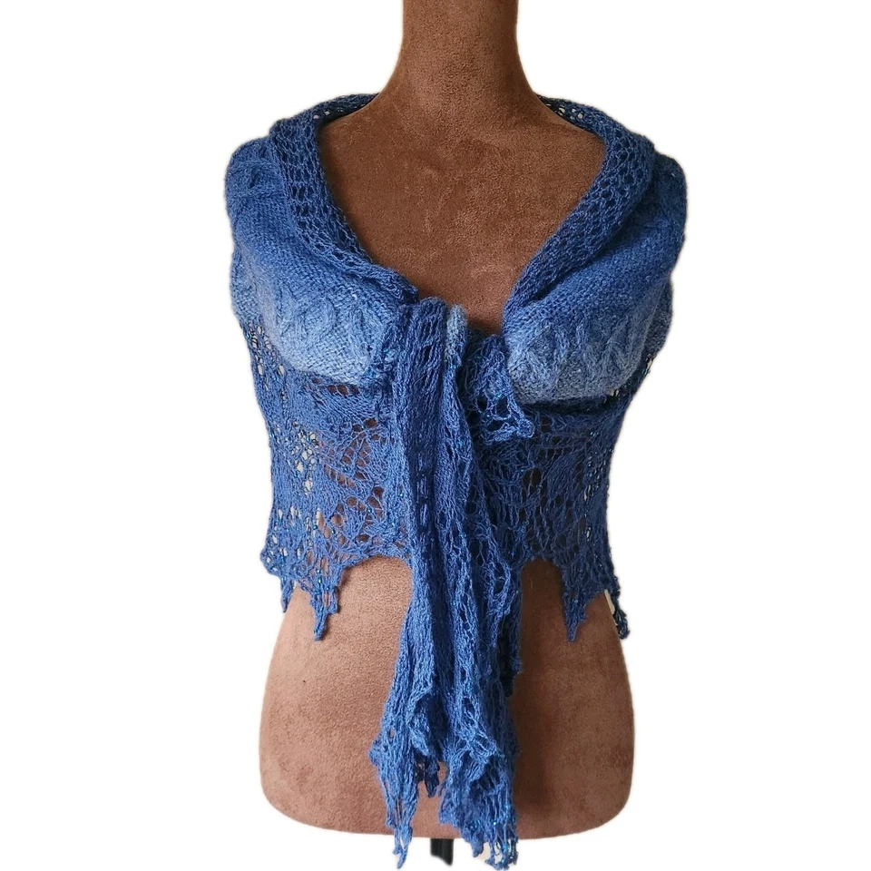 Cachecol triangular com miçangas renda azul malha grossa boêmio envoltório multifuncional - Imagem 3 de 4