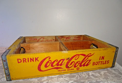 1950s Vintage Coca Cola Wooden Yellow 24 Count Soda Pop Bottle Carrying Crate