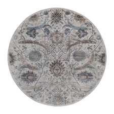 8'x8' Gray Sickle Leaf Design Hand Knotted Silk with Textured Wool Round Rug