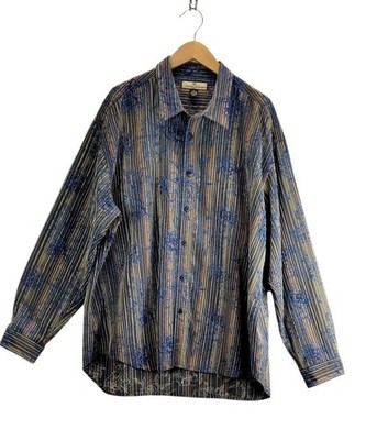 Vtg Tommy Bahama Mens Button Shirt XXL Blue/Brown Striped Floral Silk Cotton Ble