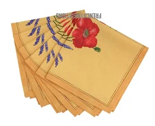 French Provencal  Cotton Set of 6 Napkins Poppies & Lavender Yellow Made France