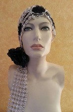 Flapper Gatsby 20's Silver Black Illusion Jewel Mesh Rose Bridal Headpiece Party
