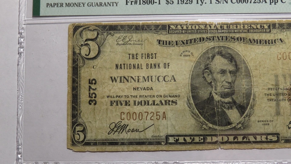 $5 1929 Winnemucca Nevada NV National Currency Bank Note Bill Ch. #3575 F12 PMG - Image 2 of 4