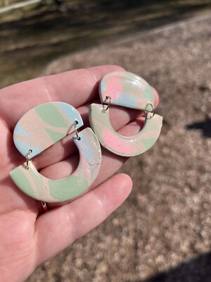Neutral tone blue and green polymer clay resin earrings / New