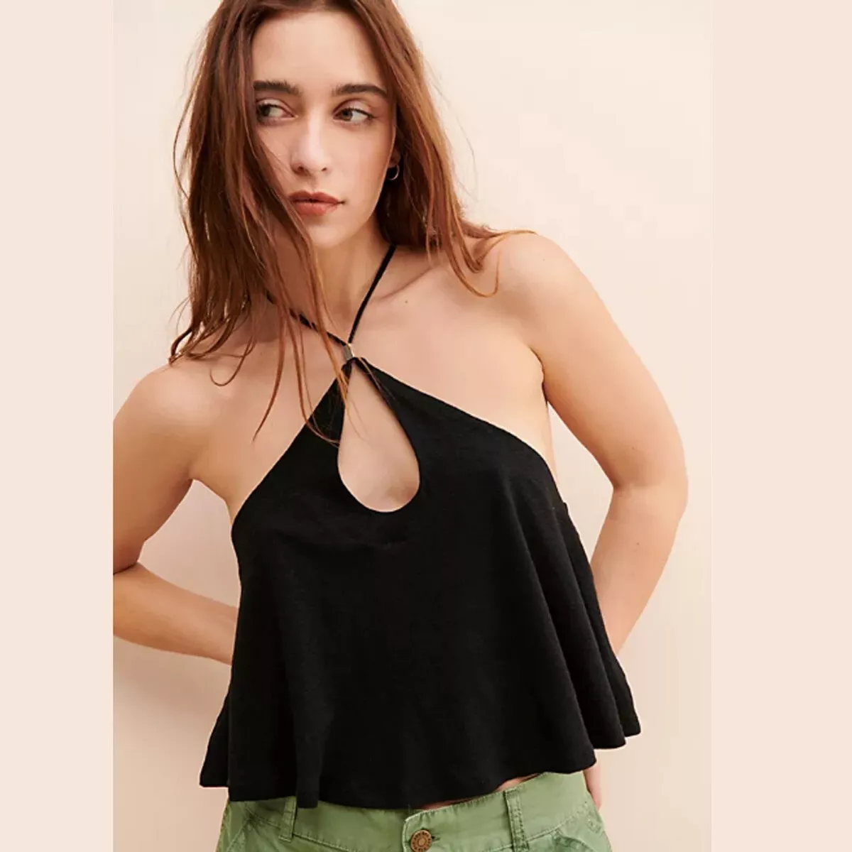 Free People Long Weekend Keyhole Halter Top Black Boho Flowy Shirt