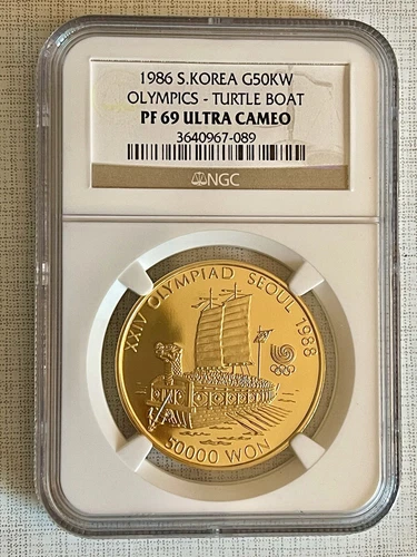 South Korea 1986 Olympic Turtle Boat 50,000 Won Gold Coin NGC PF69 UC Sku# 1285