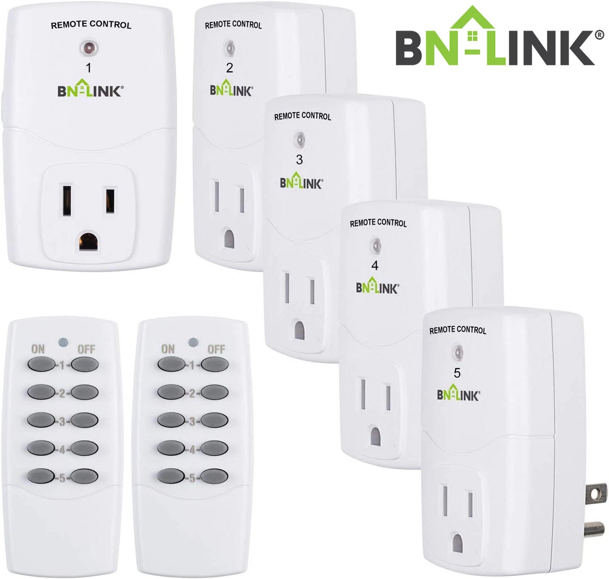 BN-LINK Wireless Remote Control Outlet Plugs with 2 remotes and 5 sockets  Indoor