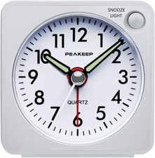 Ultra Small Battery Alarm Clock with Snooze  Light Silent Analog Quartz White