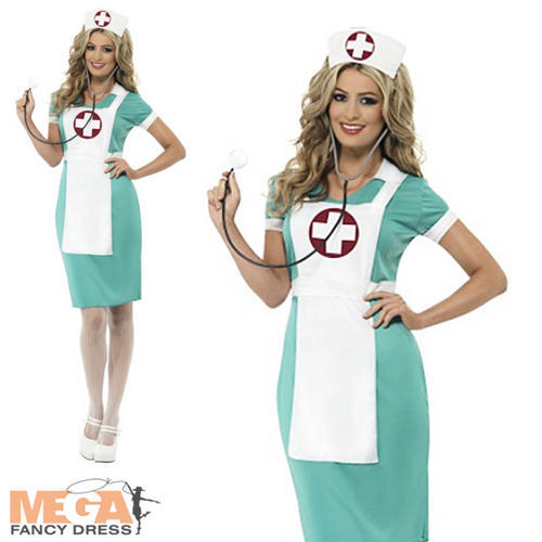 Nurse Costume + Hat Ladies Fancy Dress Uniform Occupations Womens