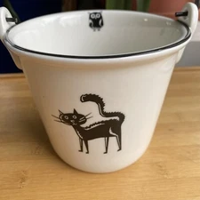 Harry & David Halloween Black Cat Owl White Bucket Pail Handle RARE