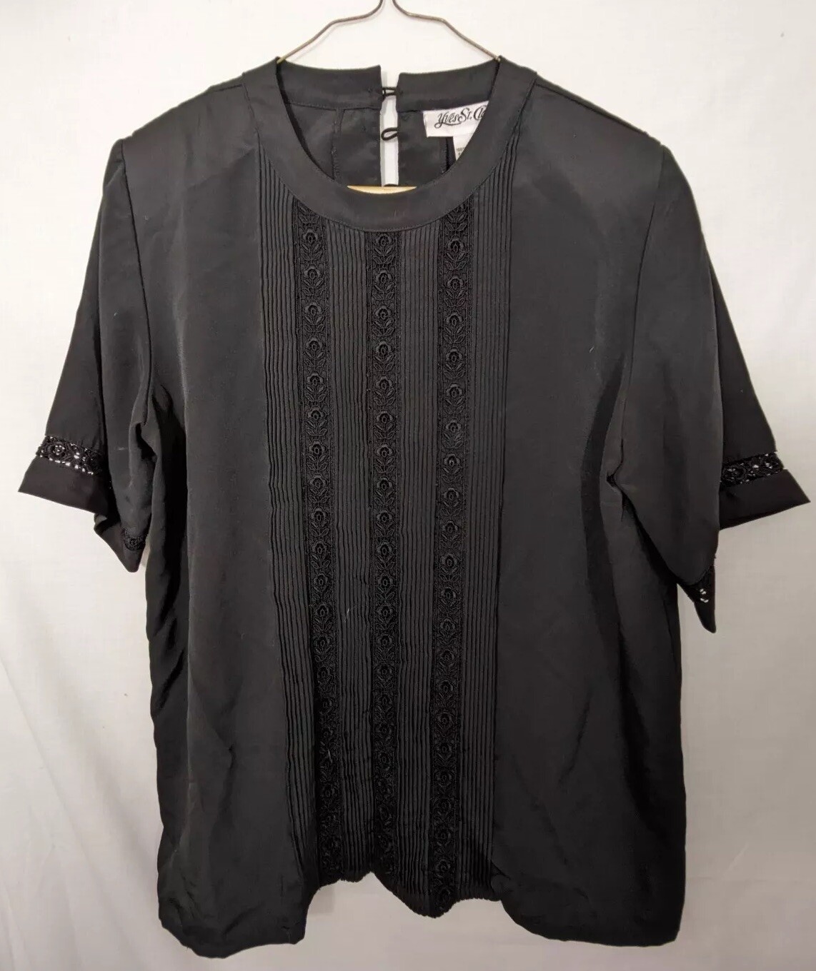 SAINT LAURENT Top abito nero da donna Yves St Clair taglia 10 SS collo rotondo 3 bottoni chiusura posteriore