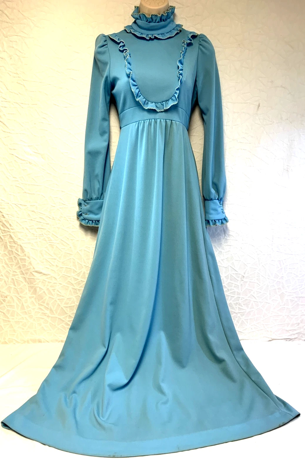 Vtg 1970's Blue Prairie Dress Ruffled High Neck Cuffed Sleeve USA ~ Cottagecore
