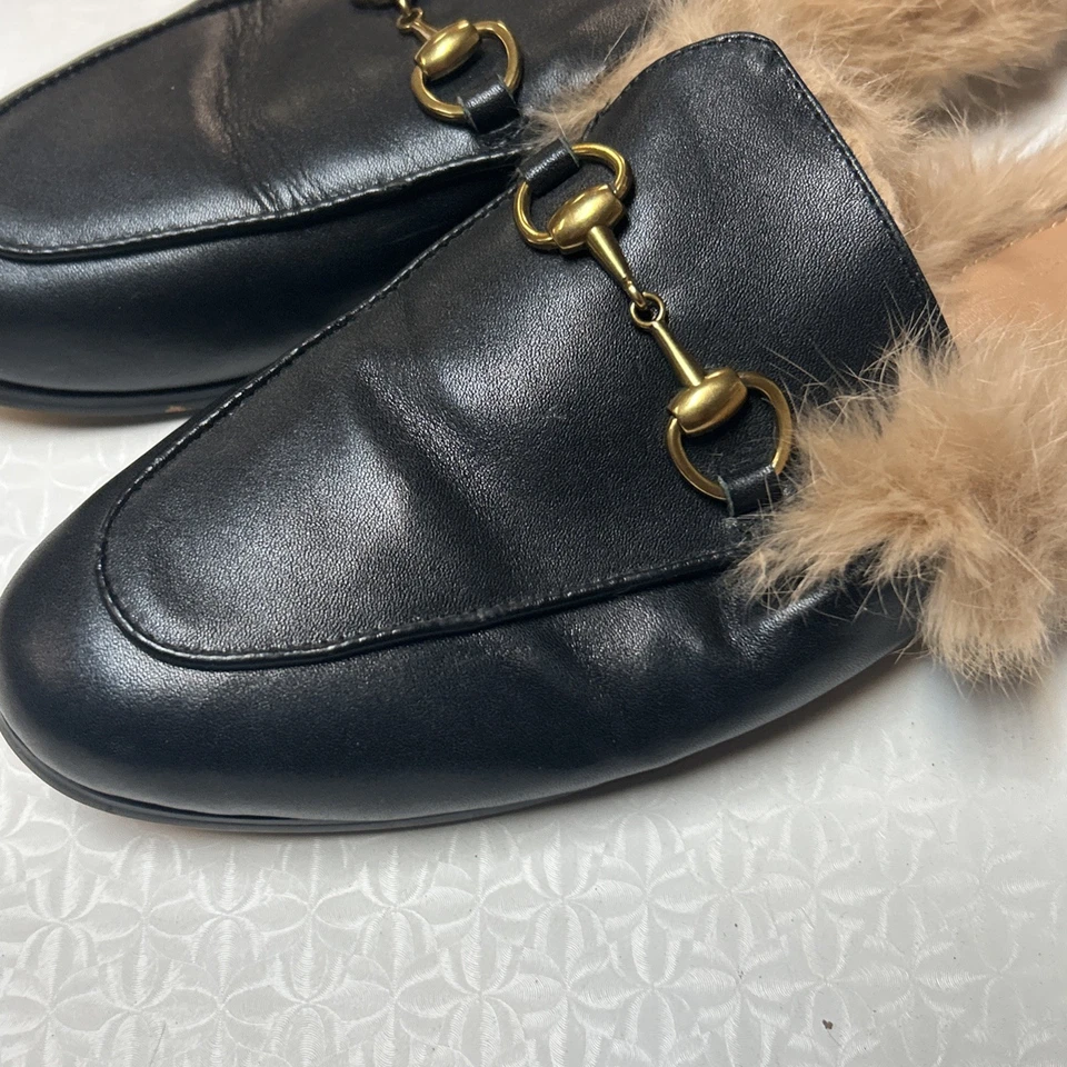 GUCCI | Princetown Fur Black Velvet Horsebit Mules Flats Slides Slippers US 7.5 - Image 4 of 4