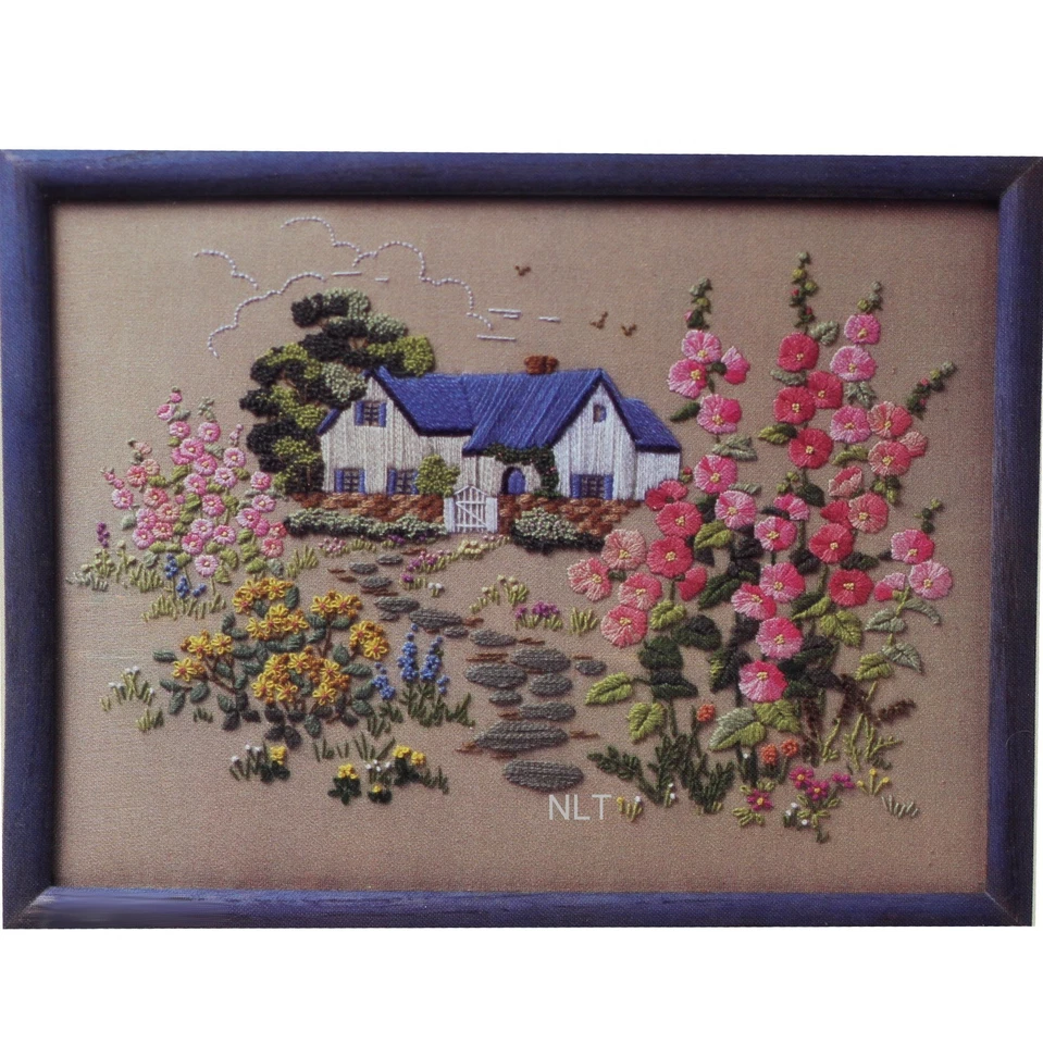 Vintage Crewel Embroidery Kit Hollyhock Hollyhocks Flowers Floral Cottage - Image 2 of 4