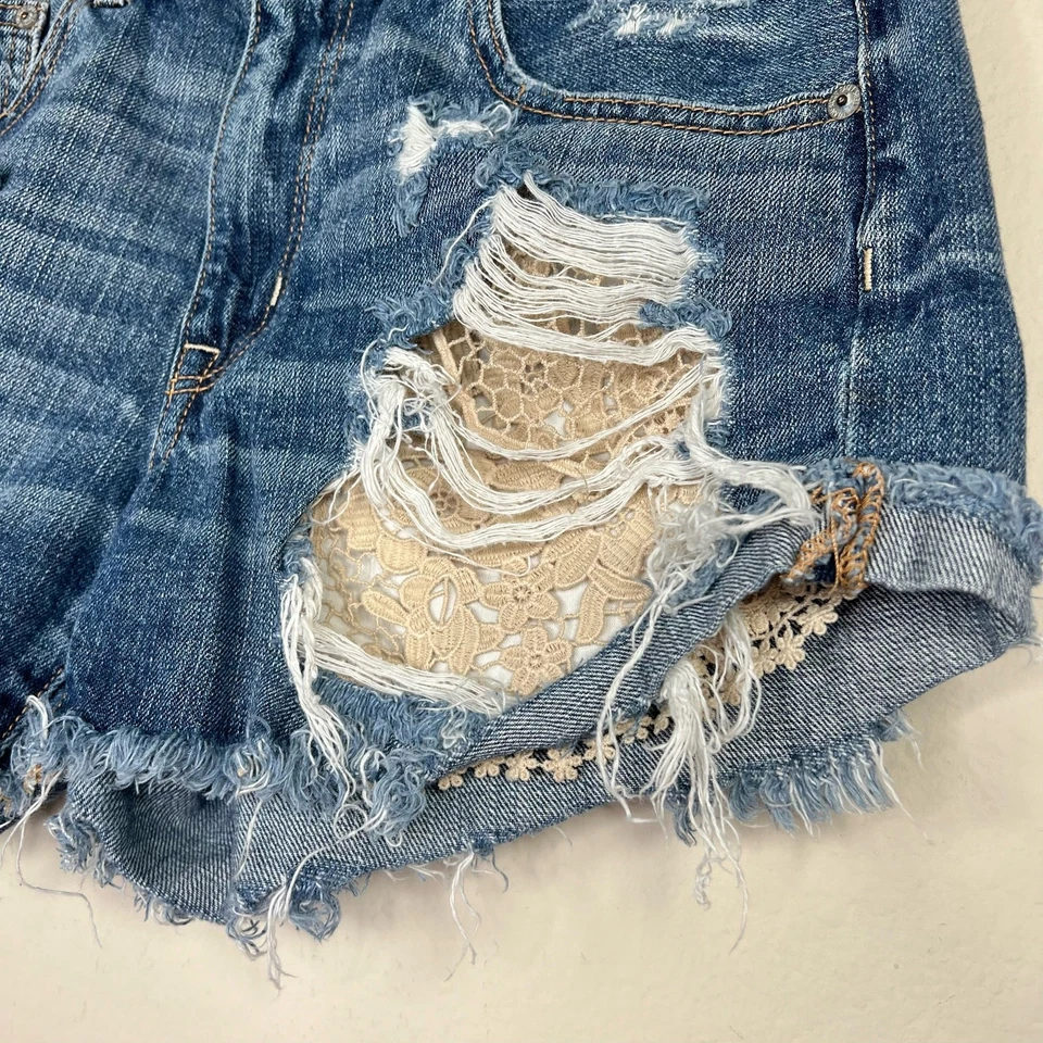 American Eagle Outfitters High Rise Festival Cut Off Lace Denim Shorts 6 - Image 3 of 4