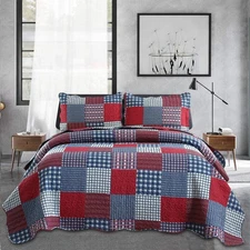 Jessy Home Plaid Quilt Set King Bedspread Coverlet Set Red Blue White Patchwo...
