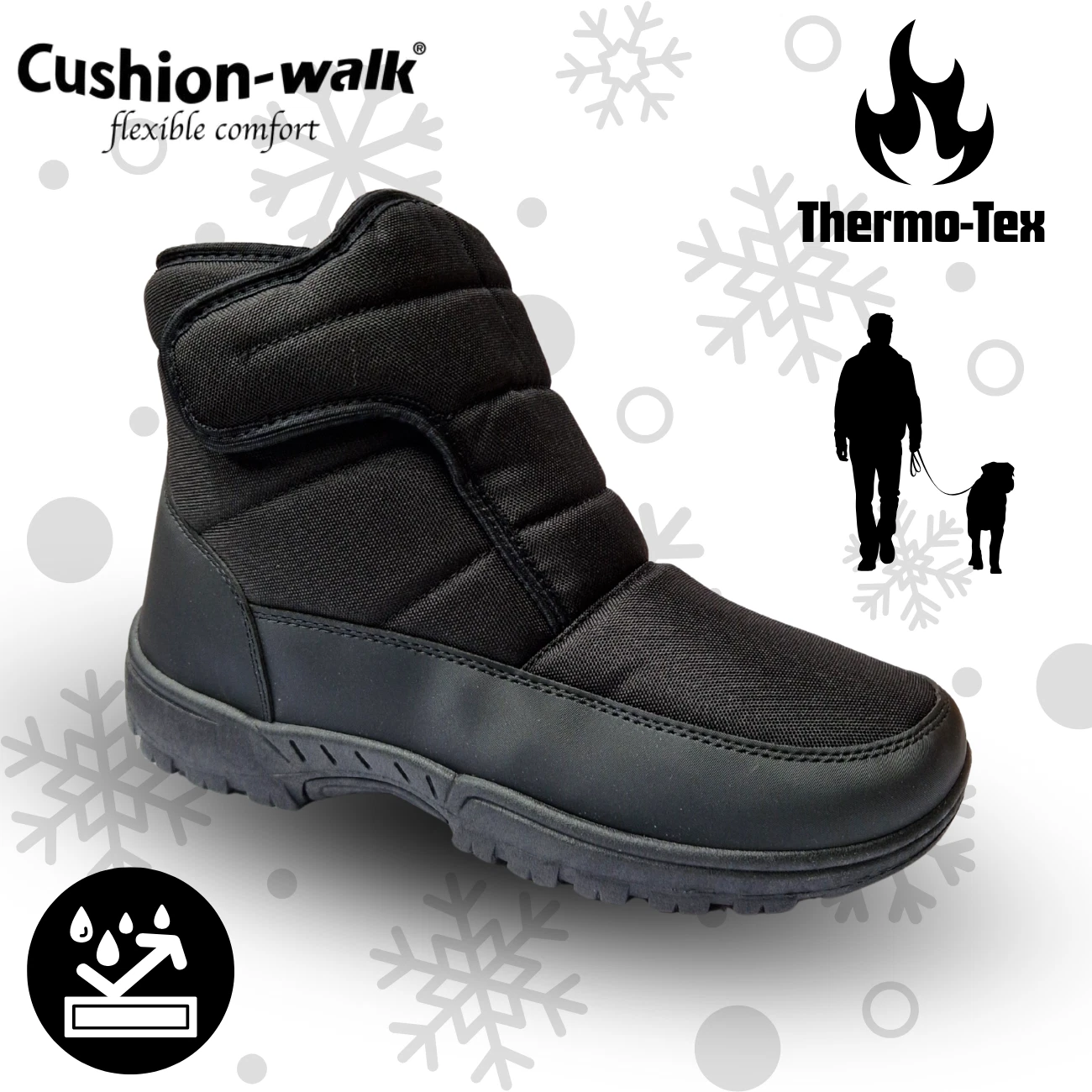 Mens Waterproof Boots Cushion Walk Pull On Warm Lined Strap Snow Ice Thermo-Tex