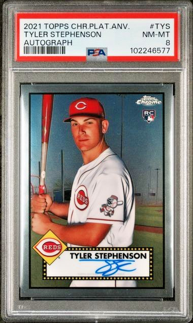 2021 TOPPS CHROME PLATINUM ANNIVERSARY TYLER STEPHENSON ROOKIE AUTO PSA 10 REDS!